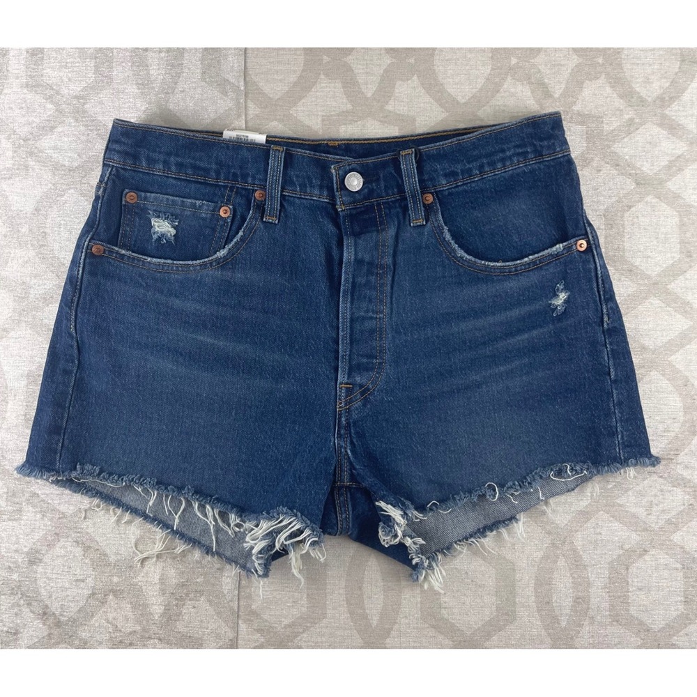 Levis 501 Original‎ Womens 30 Blue New Button Fly High Rise Distressed Shorts